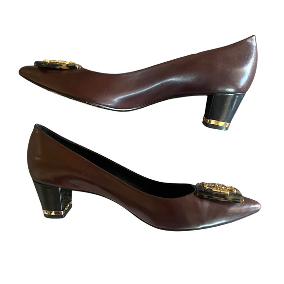 TORY BURCH Size 7 Brown Prue-Aged Nappa Leather Tortoise Shell Gold Logo Pump - Picture 4 of 13